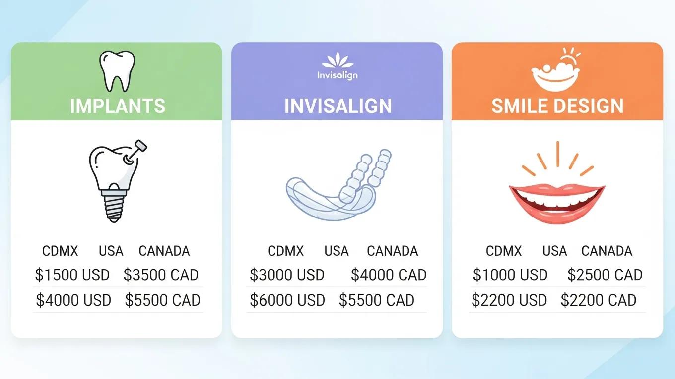 Comparison of dental services and prices in CDMX, USA, and Canada, highlighting implants, Invisalign, and smile design