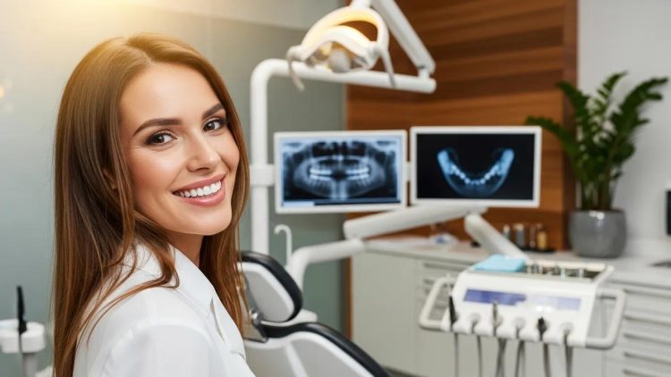 Confident individual smiling in a modern dental clinic, highlighting advanced aesthetic dental technology
