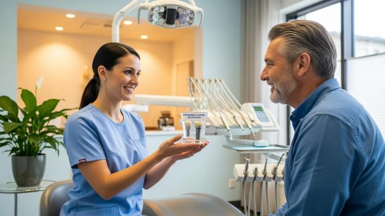 Dental clinic scene with a dentist explaining dental implants to a patient, highlighting immediate loading technology