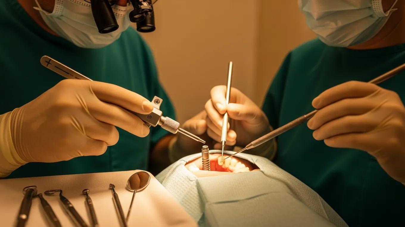Dental procedure showing the placement of an implant in a patient's jaw, emphasizing immediate loading technology