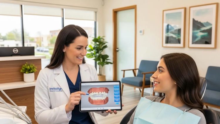 Invisalign consultation in a modern dental clinic with a patient and dentist